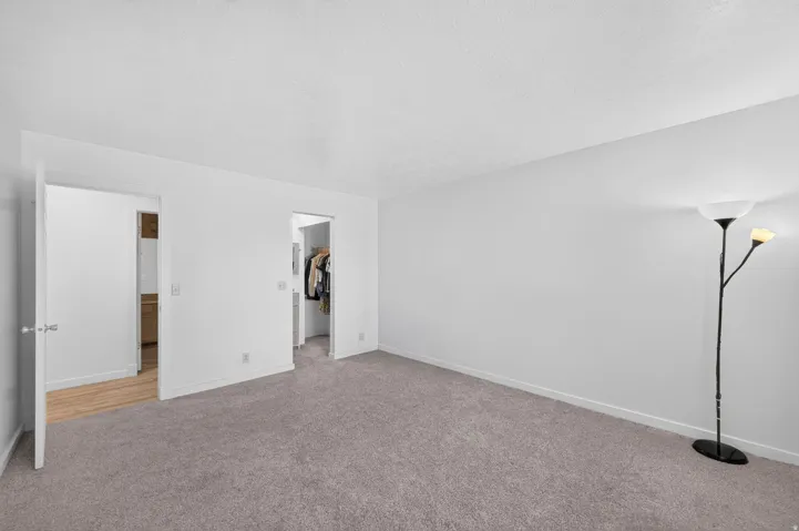 Plush carpeting, bright white walls, and a recessed closet space