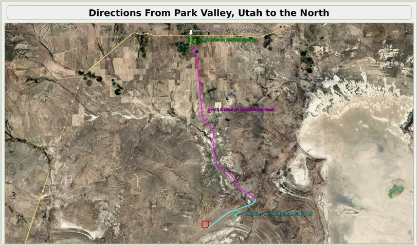 Satellite Map. Showing directional guidance from a specified location in Utah