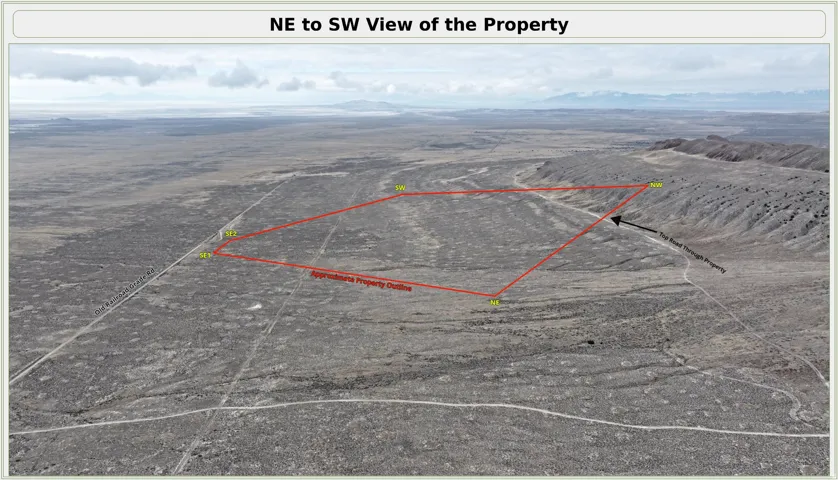Aerial Property Survey. Depicting the boundary demarcation and topographical features of the property from a northeast to southwest perspective