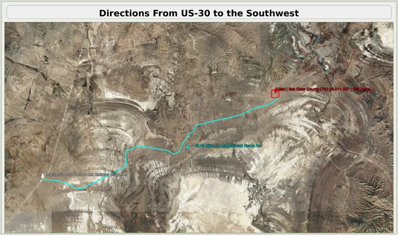 Satellite Imagery Map. Illustrating a route from US-30 to a designated parcel in the southwest region