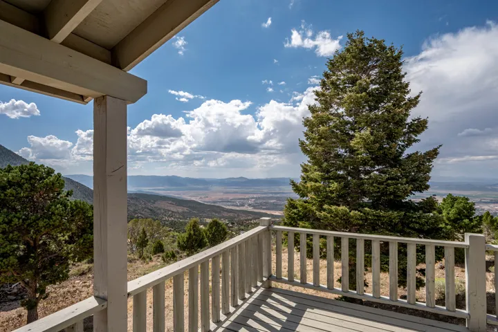 Expansive outdoor deck with a wooden railing, featuring a prominent mature evergreen tree and distant mountainous terrain