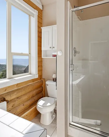 Bathroom featuring a glass-enclosed shower, white wall-mounted cabinetry, a toilet, and wood-paneled walls