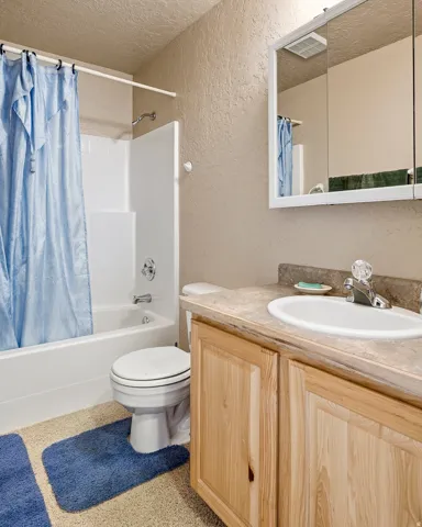 White porcelain toilet, single vanity with light wood-finish cabinetry, integrated sink, and a framed mirror medicine cabinet