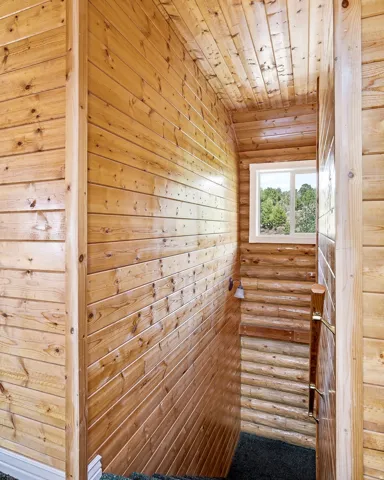 Wood-paneled walls and ceiling with a built-in wall sconce