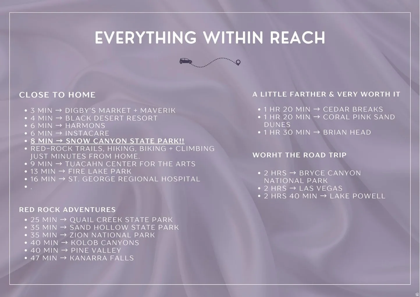 Marketing Material, Location Features. Listing travel times to various points of interest from the property