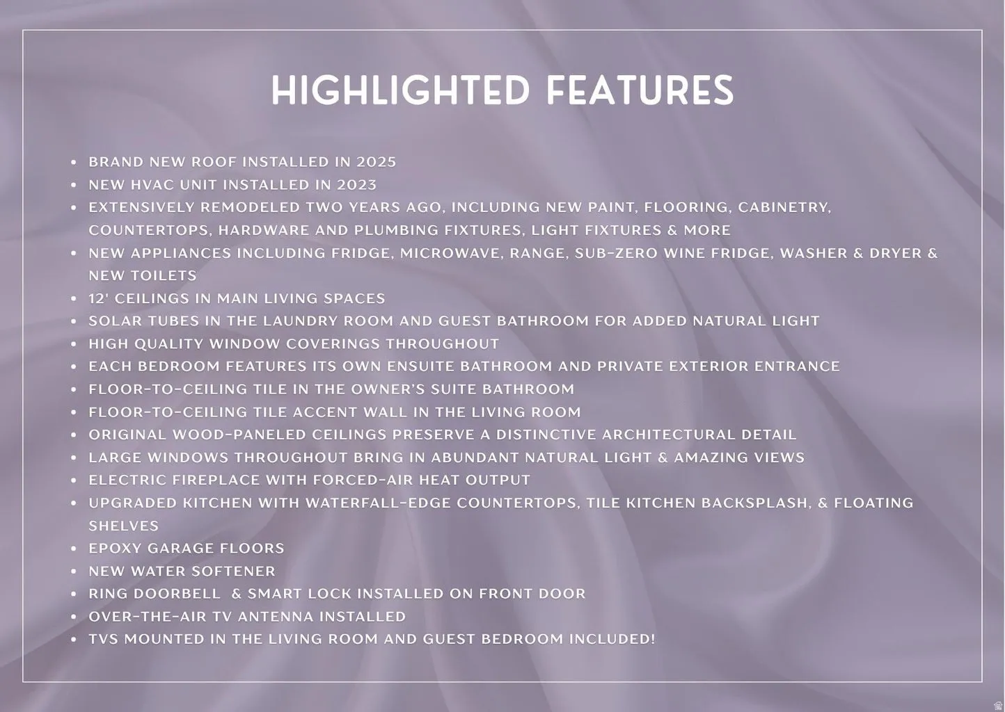 Marketing Material, Features List. Itemizing property characteristics and included fixtures