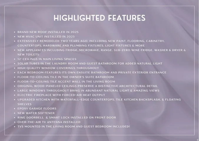Marketing Material, Features List. Itemizing property characteristics and included fixtures