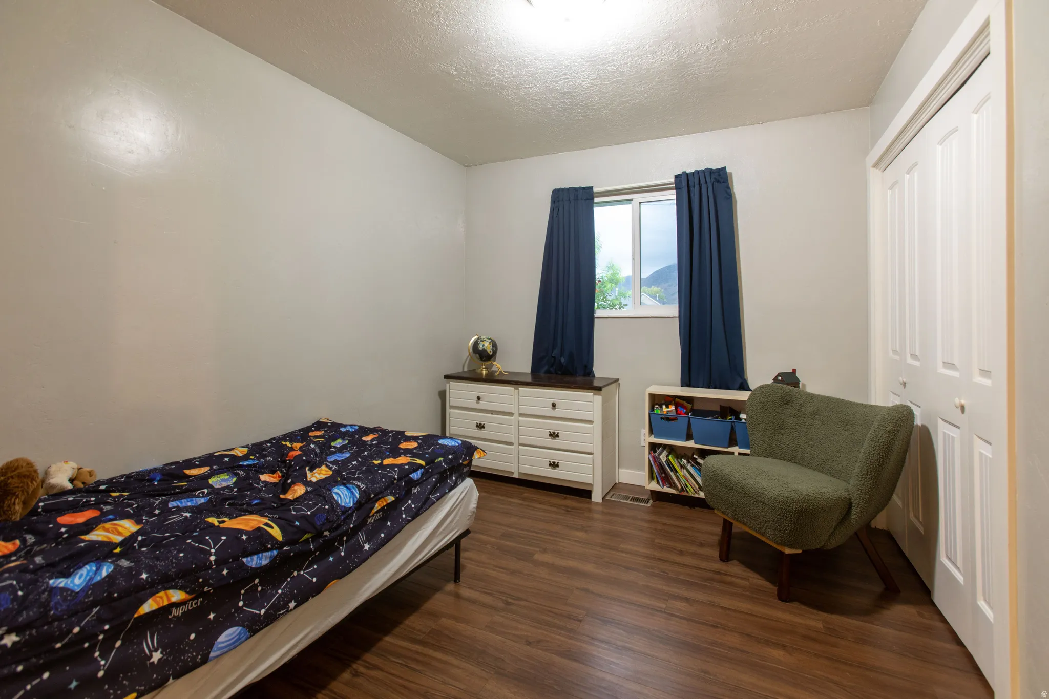 Neutral wall paint, wood-finish flooring, and a double-door closet with louvered panels