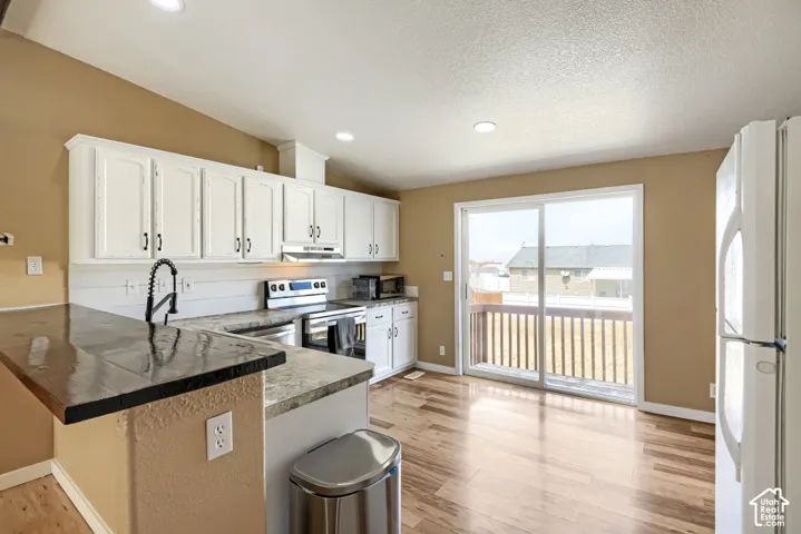 White upper and lower cabinetry, stainless steel appliances, wood-finish flooring, sliding glass door, and recessed lighting