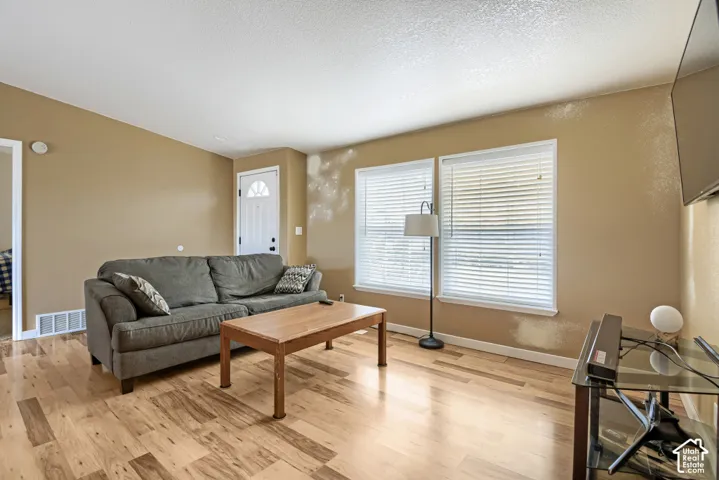 Wood-finish flooring, multiple windows with blinds, and a paneled entry door with frosted glass insert