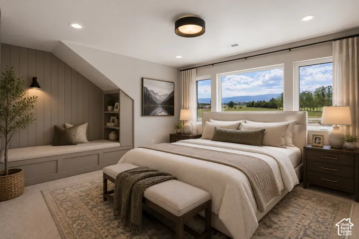 Built-in bench with integrated shelving, recessed lighting, wall-mounted light fixture, and multiple windows
