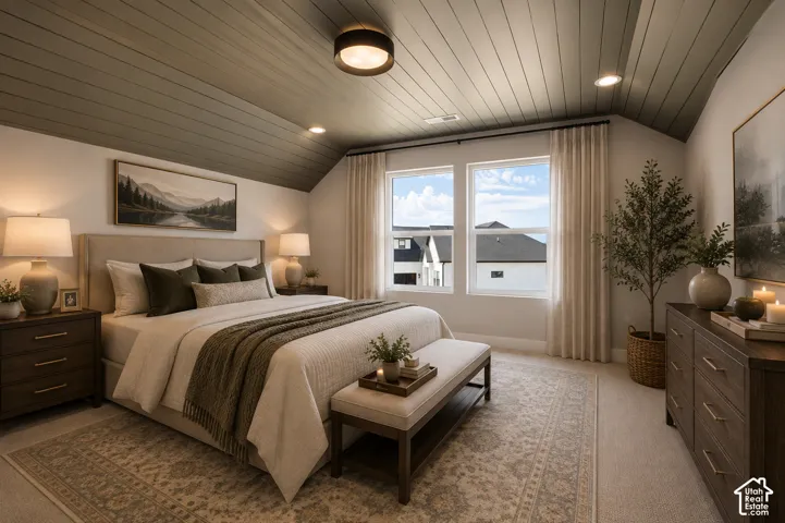 Vaulted ceiling with wood-paneled finish and recessed lighting
