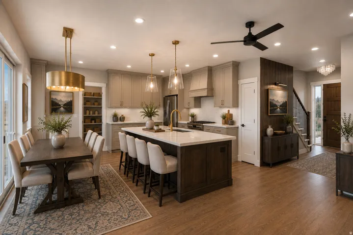 Spacious kitchen featuring an expansive island with seating, pendant lighting, and light-toned cabinetry