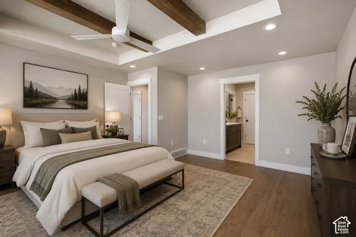 Tray ceiling with wood-finish beams and recessed lighting