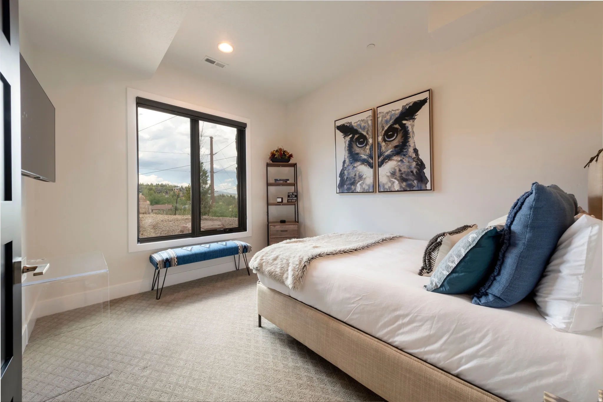 Recessed ceiling lighting, patterned carpeting, and a built-in window seat