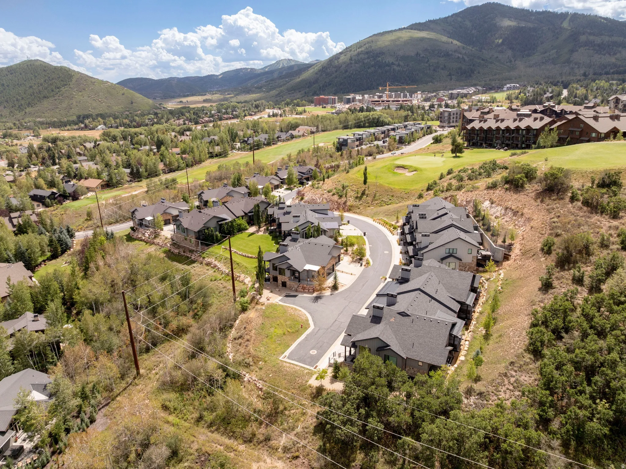 Modern townhomes with dark gray roofs, light-colored siding, and stone accents