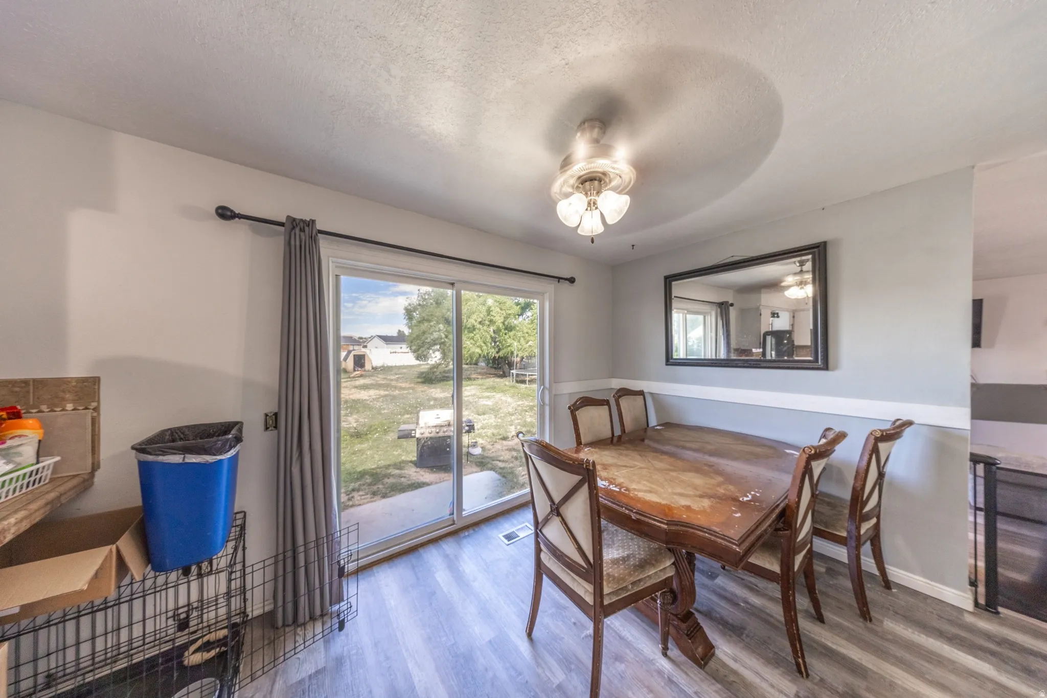 Patio access via sliding glass door, wood-finish flooring, two-tone wall treatment, and a ceiling-mounted light fixture