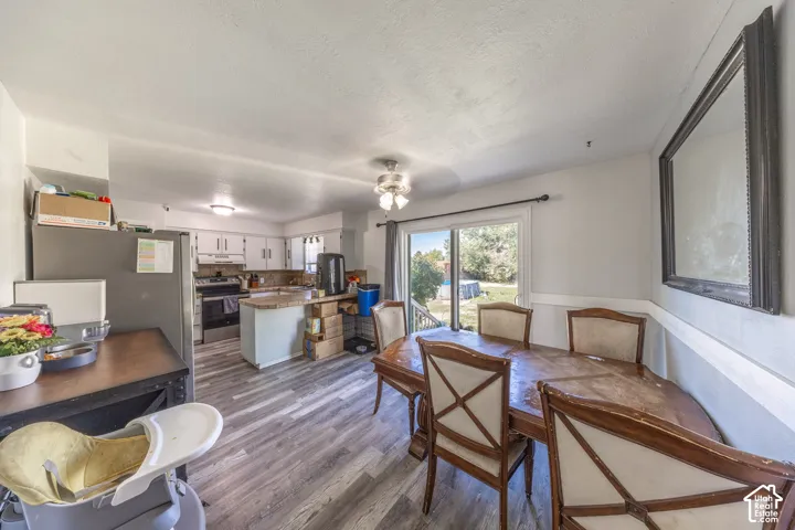 Wood-finish flooring, white cabinetry, stainless steel appliances, sliding glass door, and a ceiling fan with integrated lighting