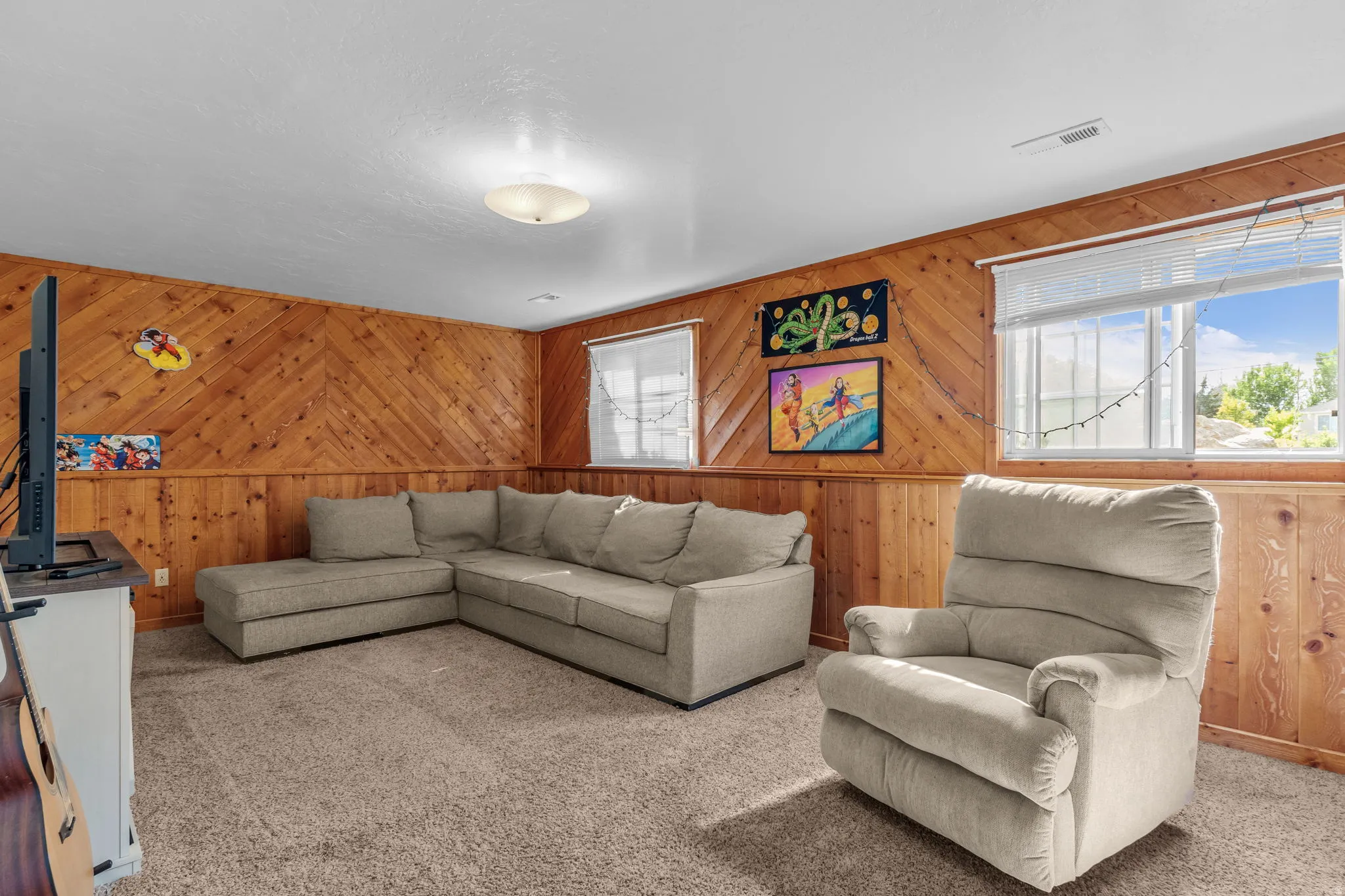 Wood-paneled walls with a chevron accent, carpeted flooring, and multiple windows with blinds