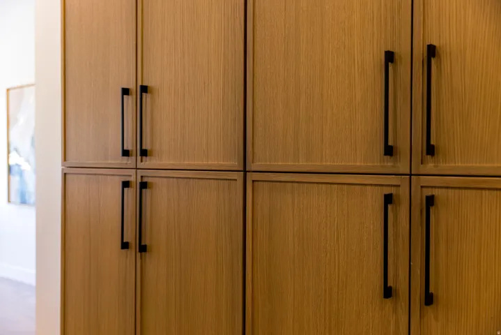 Built-in cabinetry with wood-finish doors and matte black hardware