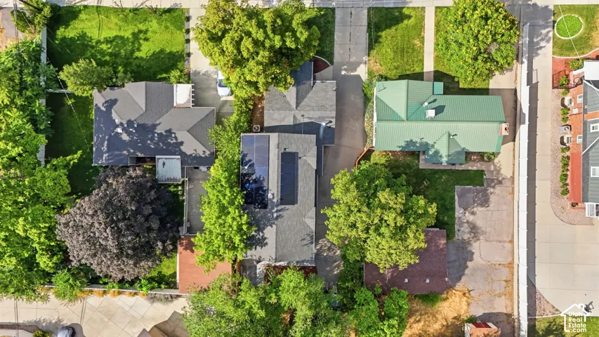 Aerial perspective showcasing residential properties with mature trees, paved driveways, and green lawns