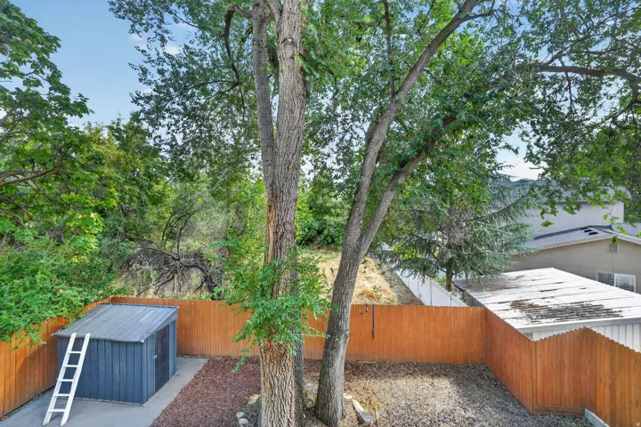 Private backyard area featuring a wood fence, mature trees, and a storage shed