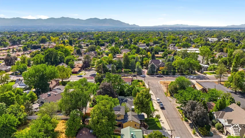 Expansive residential area with mature trees and mountain backdrop
