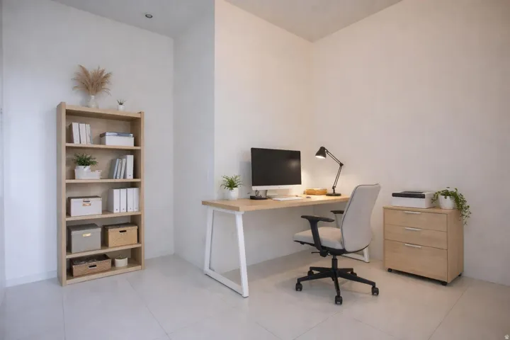 Recessed lighting, wood-finish shelving unit, white walls, light-toned flooring, and a corner configuration