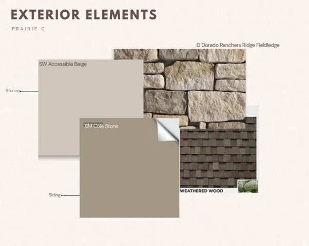Exterior Elements Document, Prairie C. Detailing material and color specifications for the property's exterior, including stucco, siding, stone, and roofing