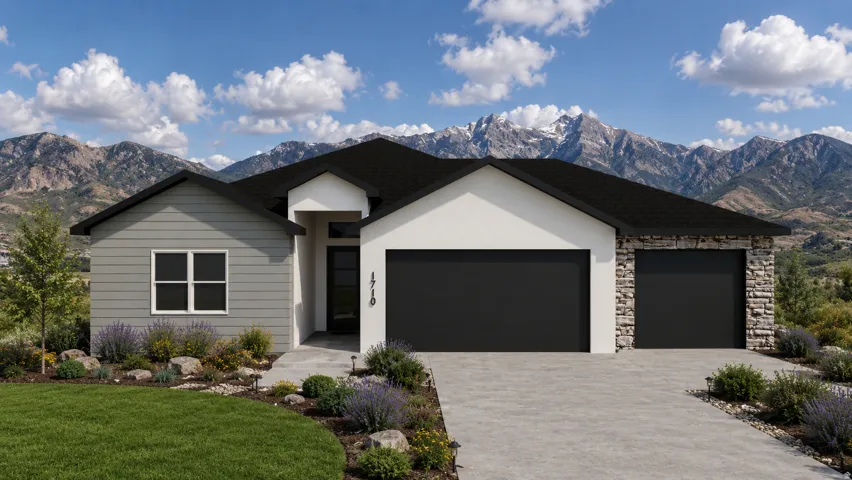 Contemporary exterior featuring a stone accent wall, dual black garage doors, and a paved driveway