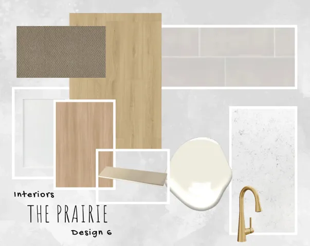 Interior Design Board. Presenting material and finish selections for the property, identified as "The Prairie Design 6"
