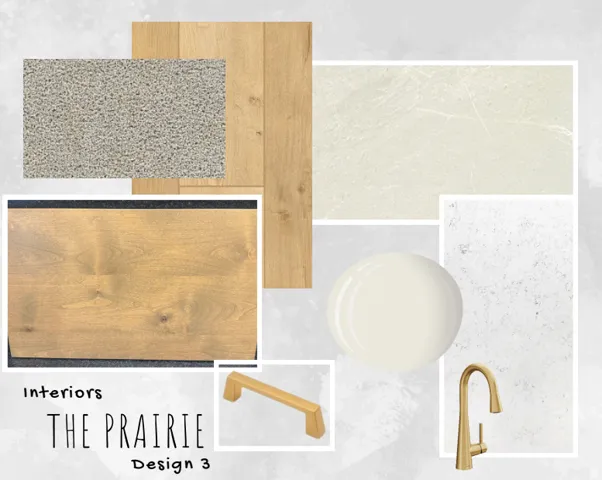 Design Mood Board, "The Prairie Design 3". Displaying material and finish selections for interior specifications