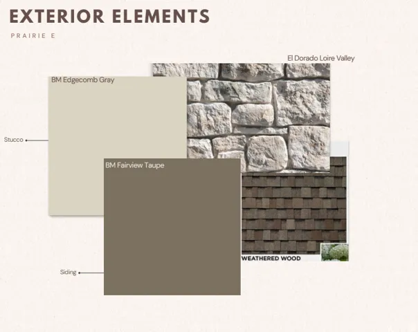 Exterior Elements Document. Presenting the specified materials and colors for the property's exterior, including stucco, siding, stone, and roofing elements
