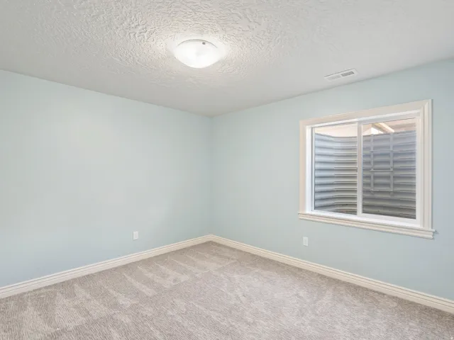Carpet flooring, light blue wall paint, white trim, ceiling-mounted light fixture, and a window with a window well