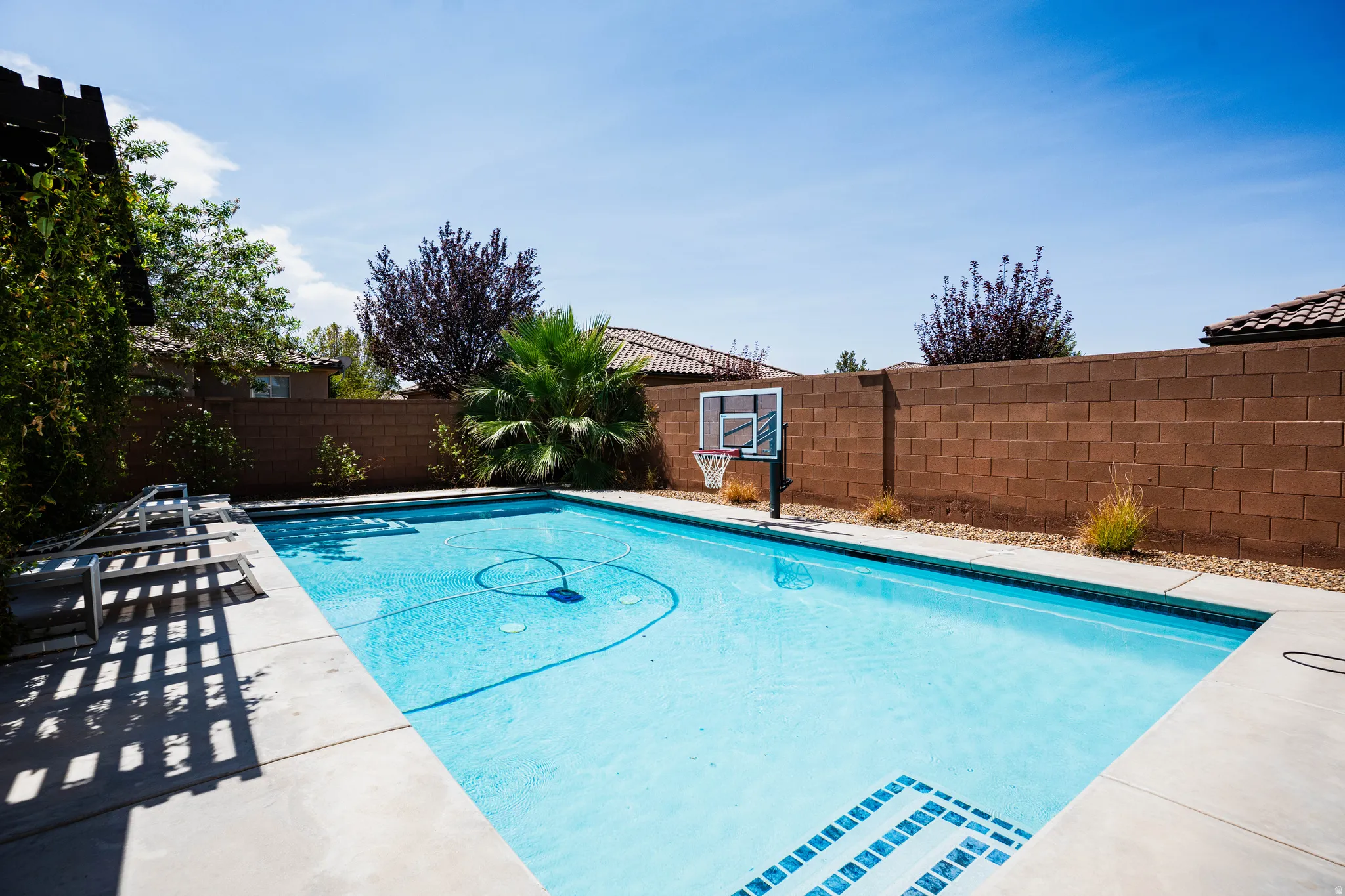 Rectangular swimming pool with integrated basketball hoop, concrete decking, and decorative tile accents