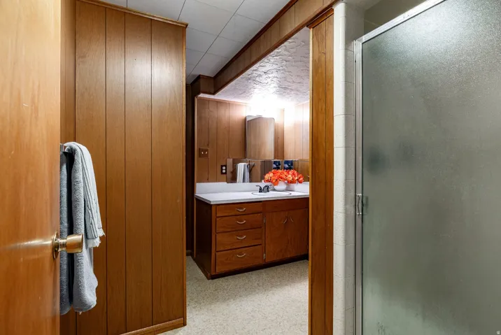 Wood-paneled wall, wood-finish flooring, wood vanity with integrated sink, and a shower enclosure with frosted glass