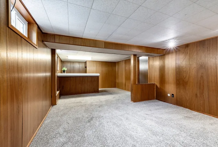 Wood-paneled walls with light gray carpet flooring