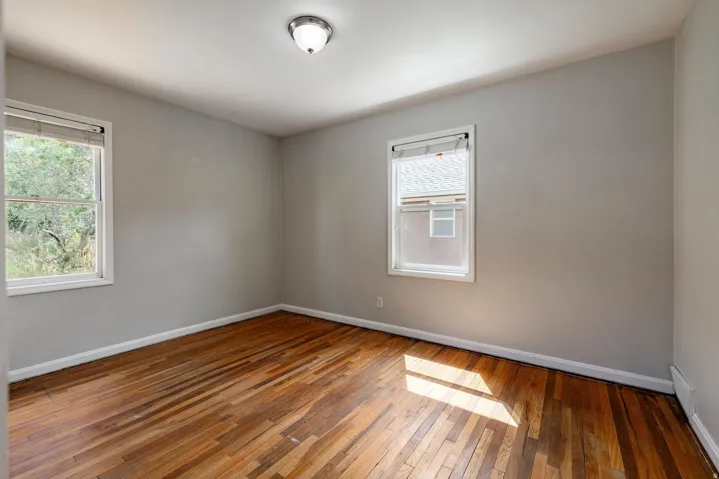 Wood-finish flooring, two windows, and overhead lighting