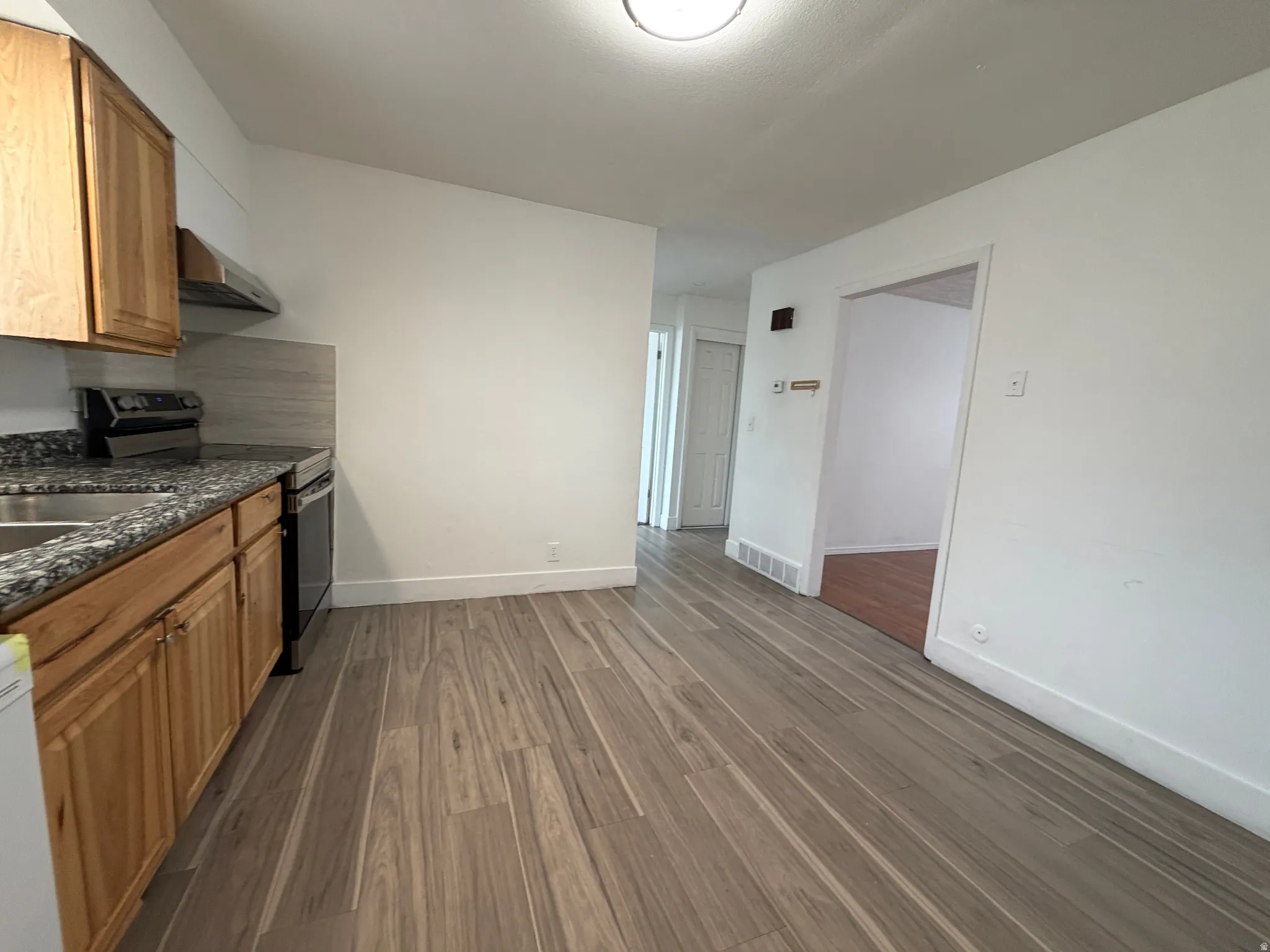 Kitchen featuring wood-finish flooring, natural wood cabinetry, granite-style countertops, stainless steel sink, and a built-in range hood