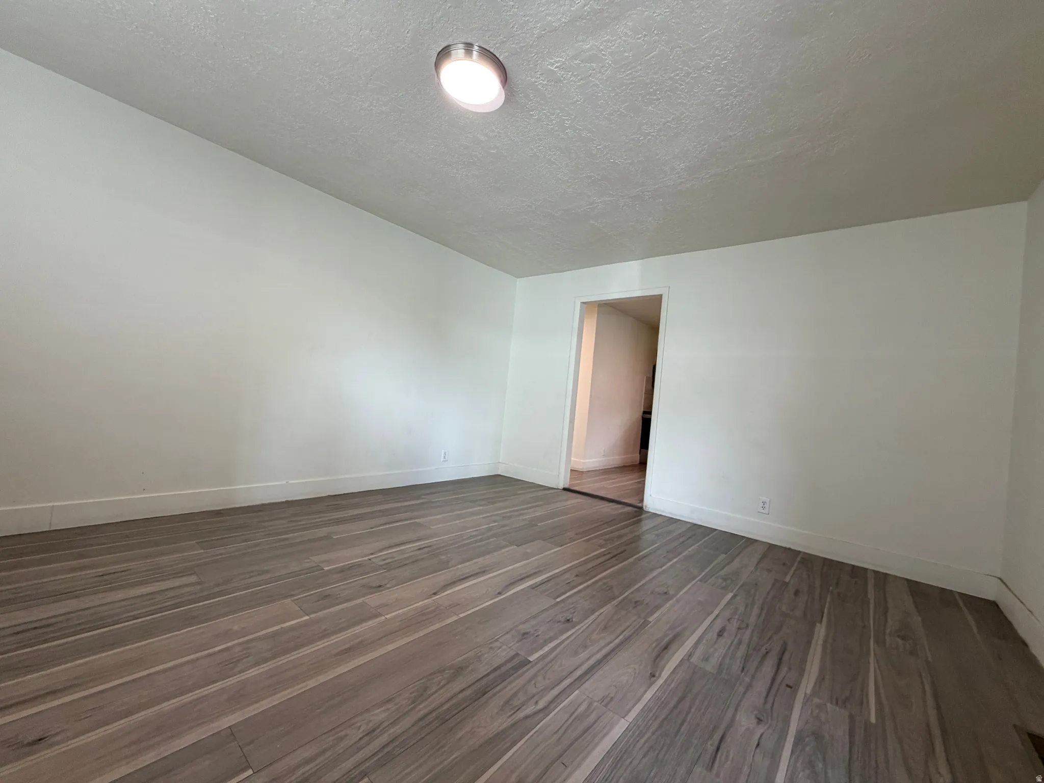 Wood-finish flooring with a neutral white wall color, recessed lighting, and a textured ceiling