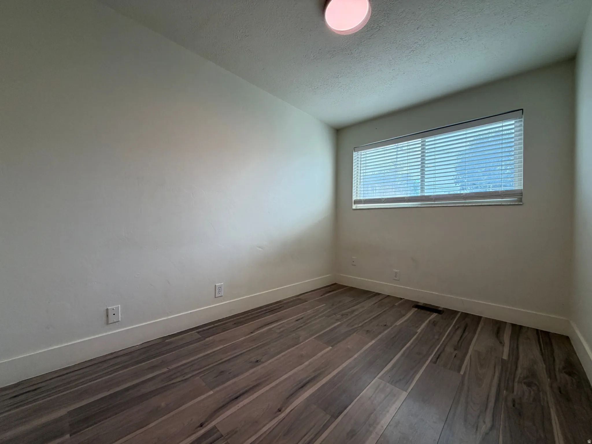 Wood-finish flooring with a horizontal grain pattern, light-colored walls, and a window with horizontal blinds