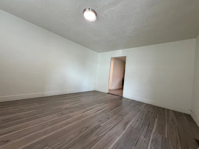 Wood-finish flooring with a neutral white wall color, recessed lighting, and a textured ceiling