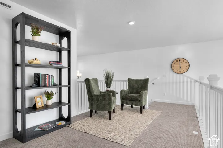 Carpeted loft area featuring white painted railings, a built-in ceiling light, and a shelving unit