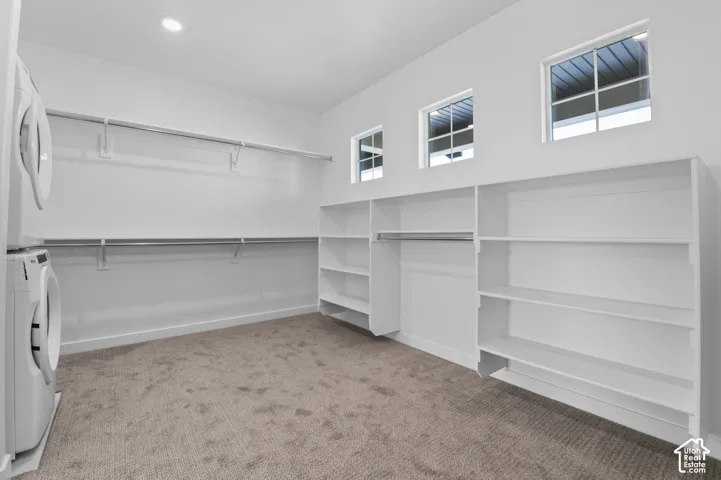 Carpeted room with built-in shelving, windows, and hanging rods