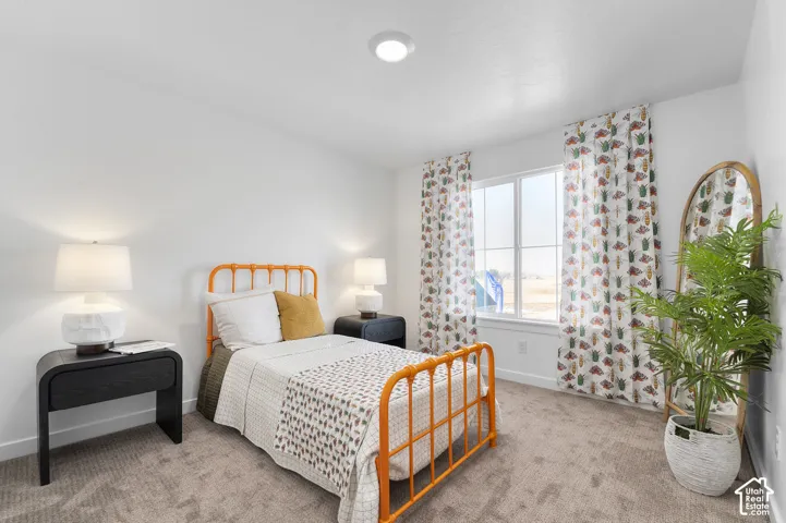 Carpeted flooring, white walls, and a window with white trim