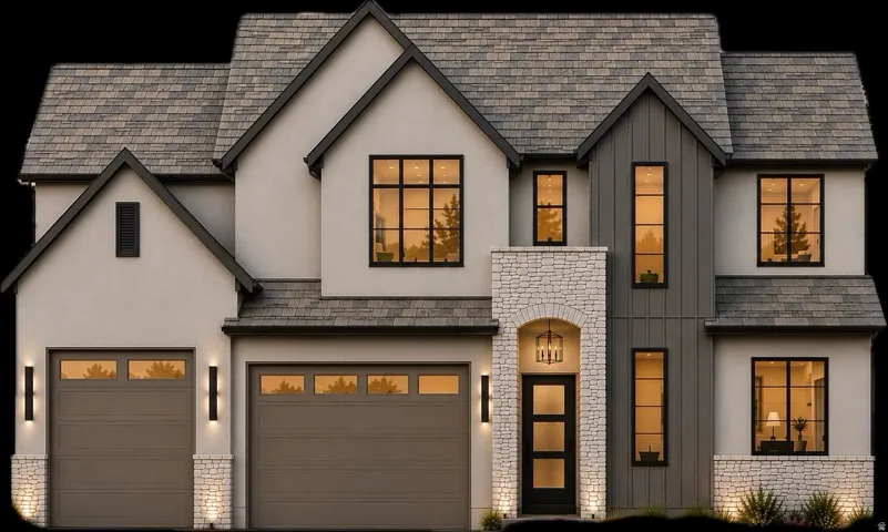 Two-story stucco exterior with stone accents, a multi-pane front entry door, a two-car garage, and dark-framed windows