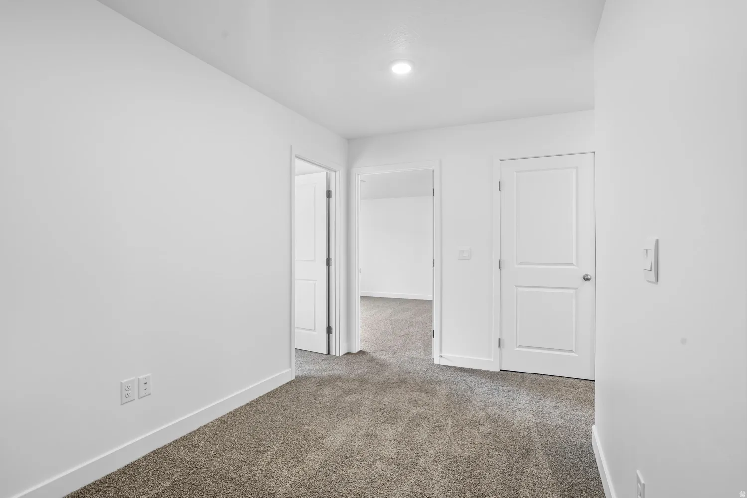 Plush carpet flooring, white painted walls, recessed ceiling light, and white interior doors