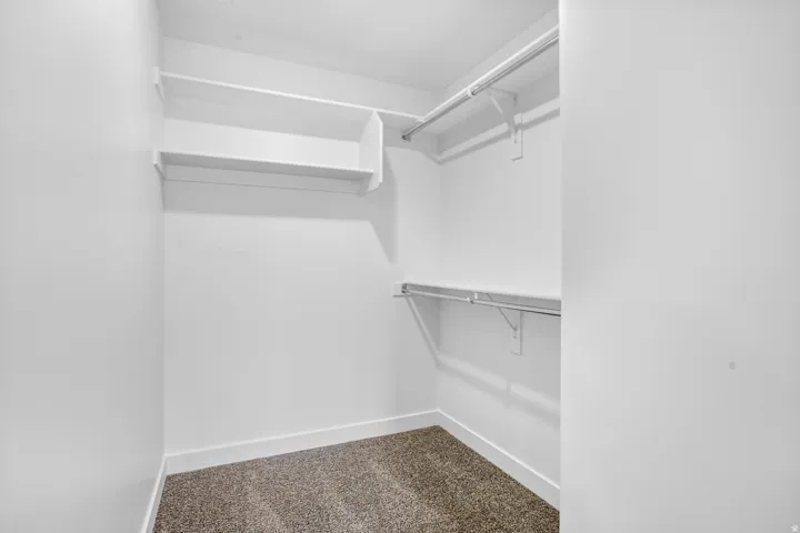 Walk-in closet featuring white walls, white shelving, metal hanging rods, and carpeting