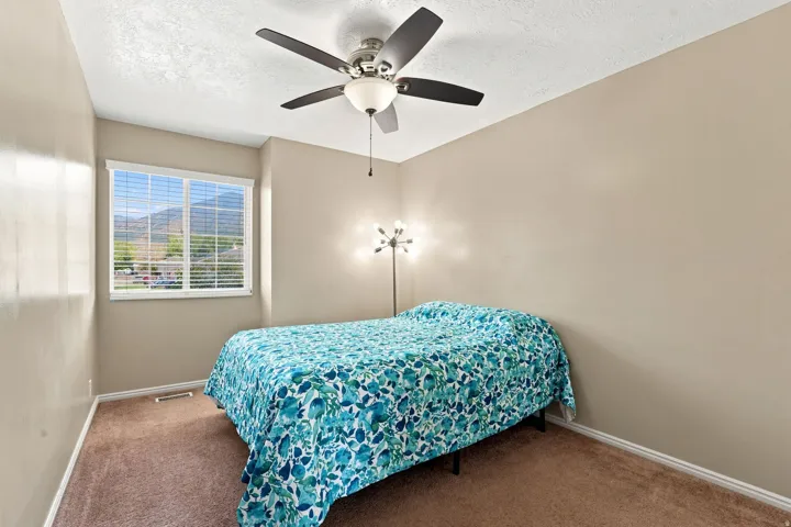 Recessed window with white blinds and mountain scenery, ceiling fan with light fixture, carpeted flooring, and painted walls