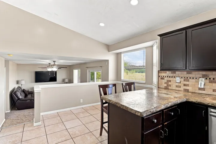 Kitchen with dark wood cabinetry, a tiled backsplash, and stone-finish countertops